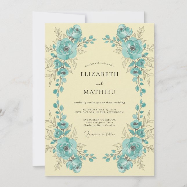 Turquoise Lemon Peony Wedding Invitation (Front)