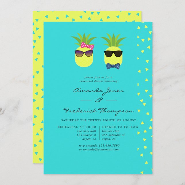 Turquoise & Lemon Tropical Summer Rehearsal Dinner Invitation (Front/Back)
