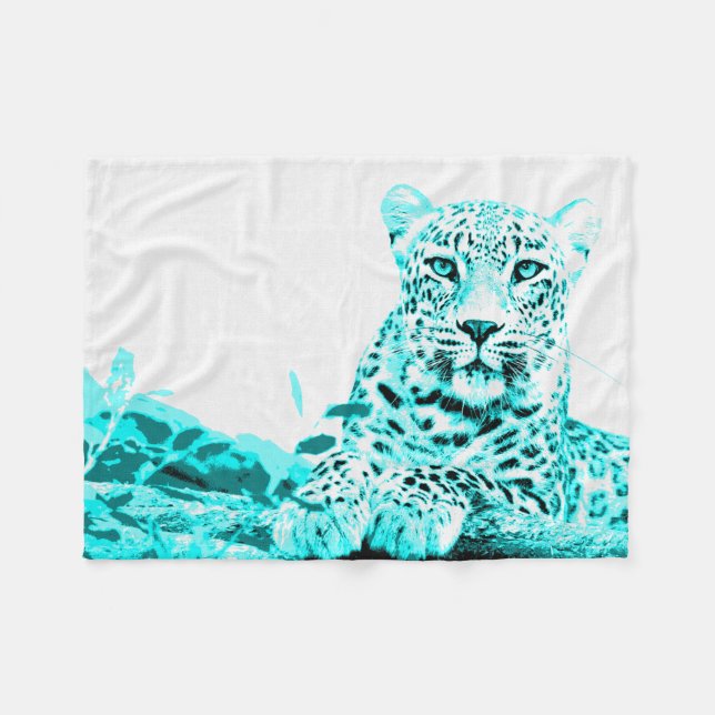 Turquoise Leopard on White Background Fleece Blanket (Front (Horizontal))