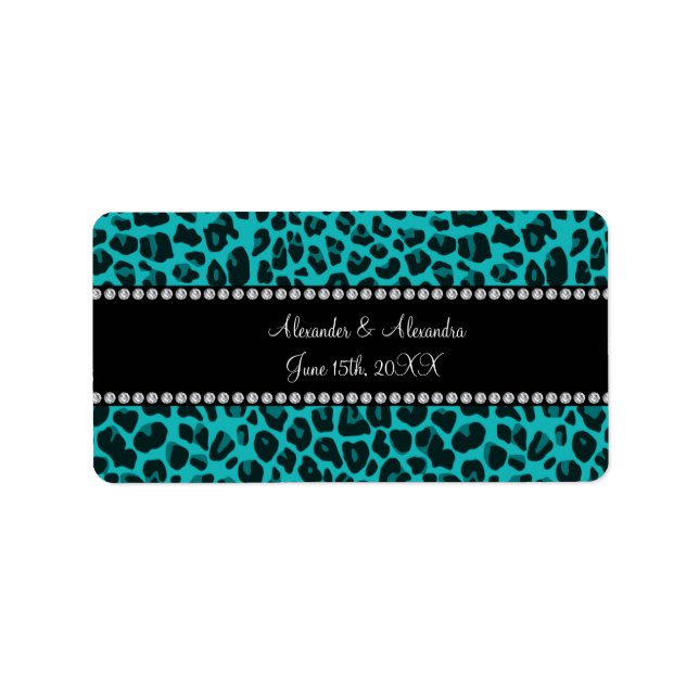 Turquoise leopard pattern wedding favours label (Front)