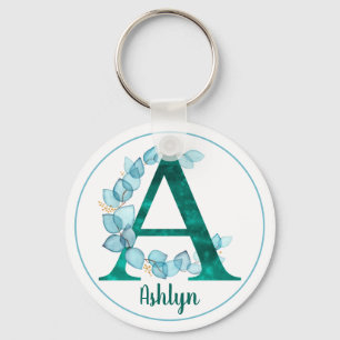 Turquoise Letter A blue eucalyptus wreath  Key Ring
