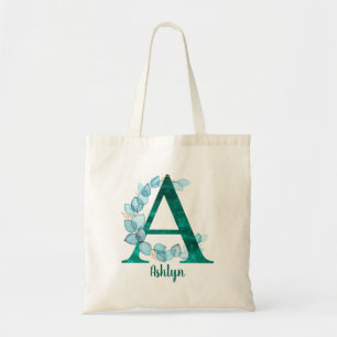 Turquoise Letter A blue eucalyptus wreath Tote Bag