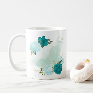 turquoise light blue flowers coffee mug