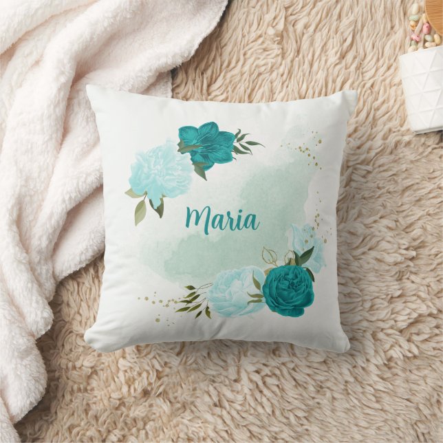 turquoise light blue flowers  cushion (Blanket)