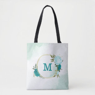 turquoise light blue flowers tote bag