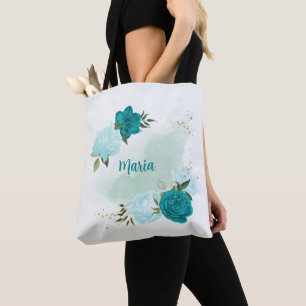 turquoise light blue flowers tote bag