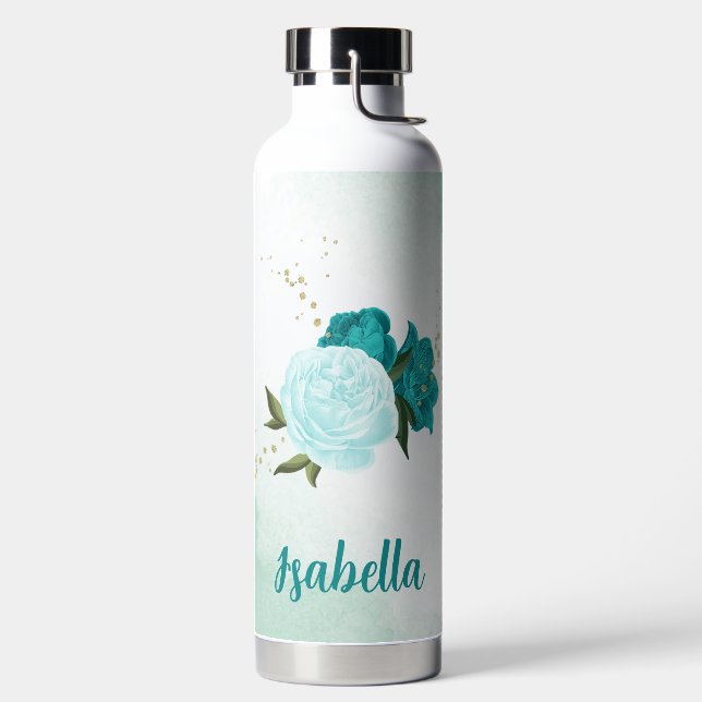 turquoise light blue flowers  water bottle (Left)