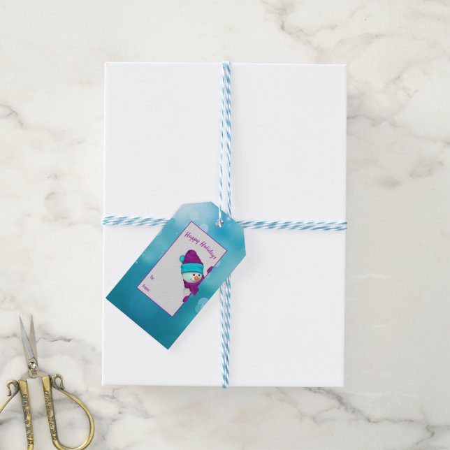 turquoise lights with snowman gift tags (With Twine)