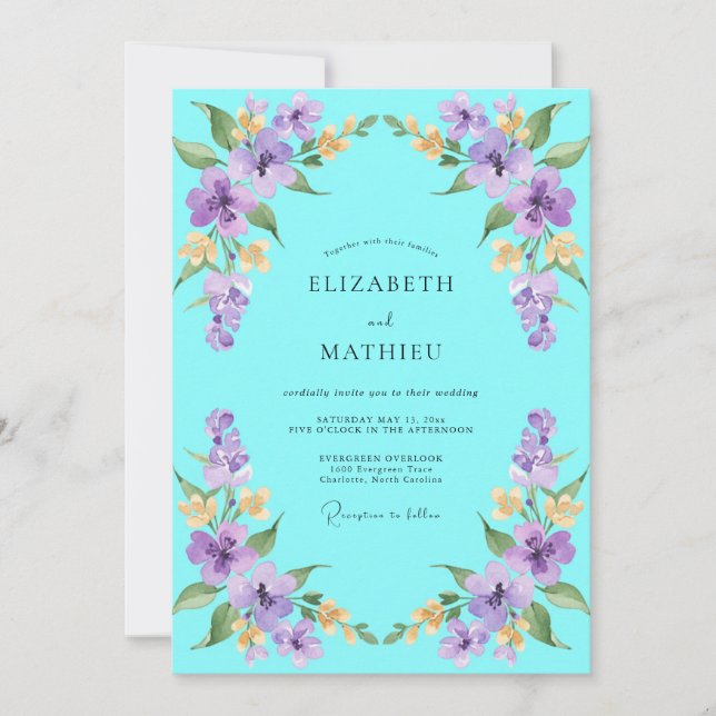 Turquoise Lilac Wildflower Wedding Invitation (Front)