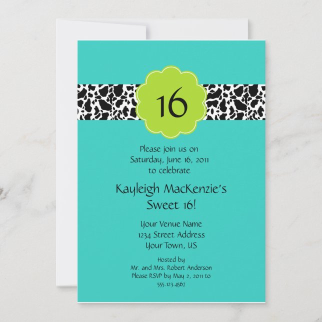 Turquoise Lime Black Sweet 16 Invitation (Front)