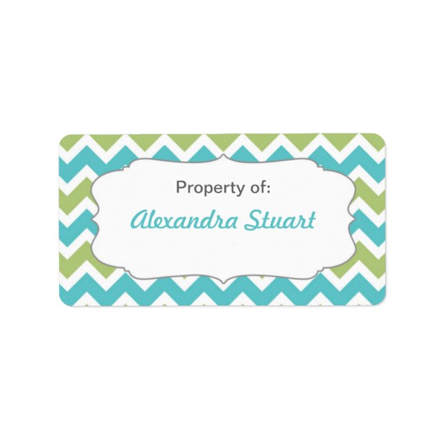 Turquoise & Lime Chevron Property of School ID Label (Front)