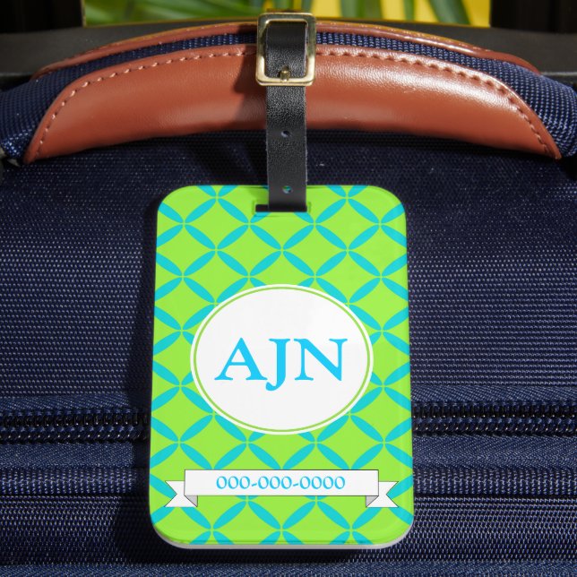 Turquoise Lime Monogram Luggage Tag (Front Insitu 2)