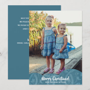 Turquoise Linen Filigree Photo Christmas Holiday Card