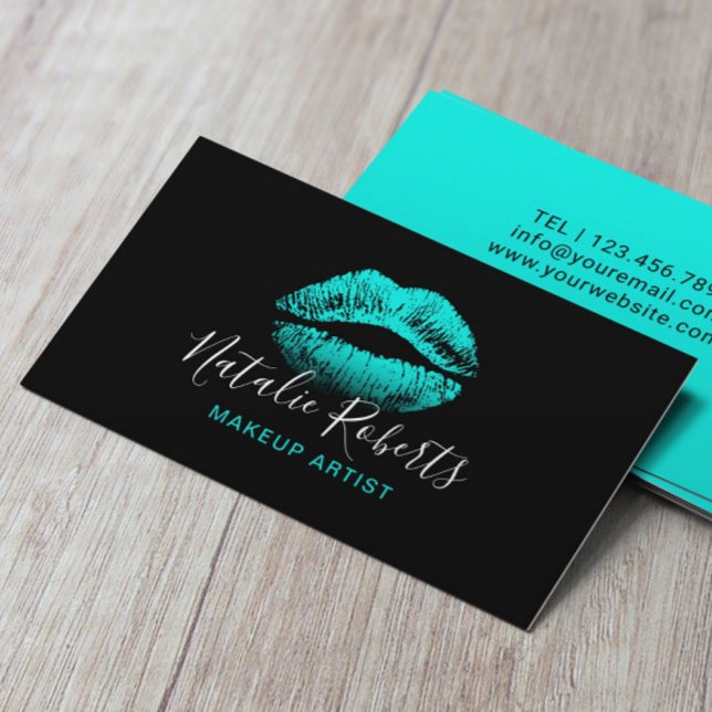 Turquoise Lips Makeup Artist Plain Black Salon Business Card (Creator Uploaded)
