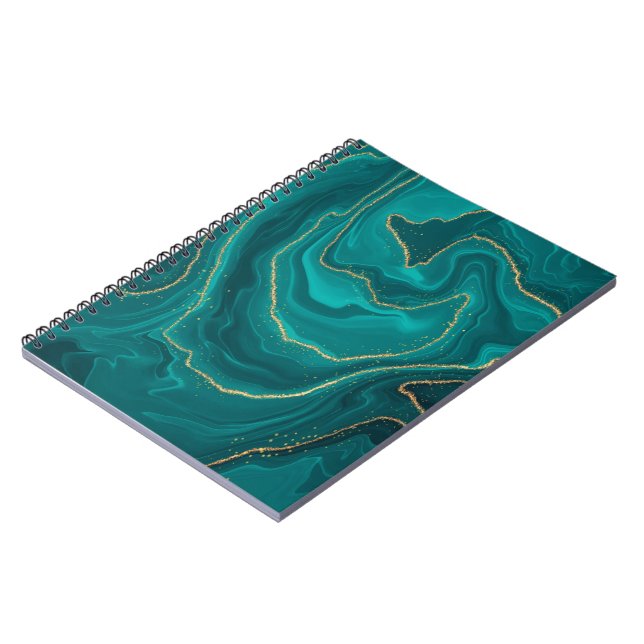 Turquoise liquid marble background with gold notebook (Left Side)
