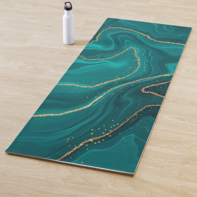 Turquoise liquid marble background with gold yoga mat (In Situ)