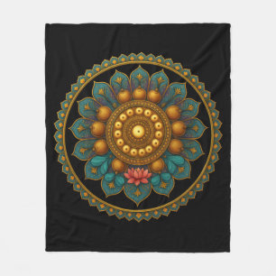 Turquoise Lotus Mandala - Black Boho Graphic Art Fleece Blanket