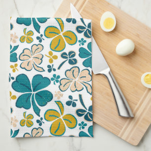 Turquoise Lucky 4 Leaves Shamrocks Clover Pattern Tea Towel