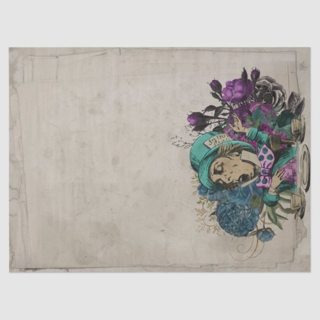 Turquoise Mad Hatter Alice in Wonderland Decoupage Tissue Paper (Front)