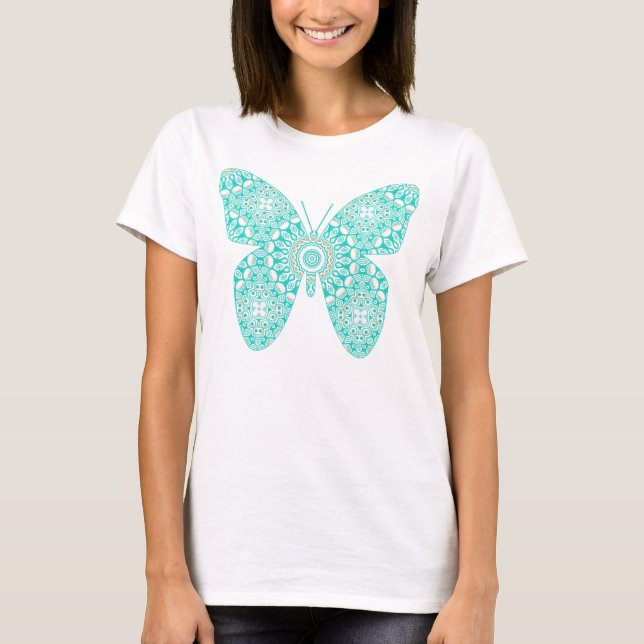 Turquoise Mandala Butterfly Design T-Shirt (Front)