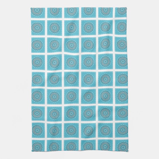 Turquoise Mandala Kaleidoscope Circle white border Tea Towel (Vertical)