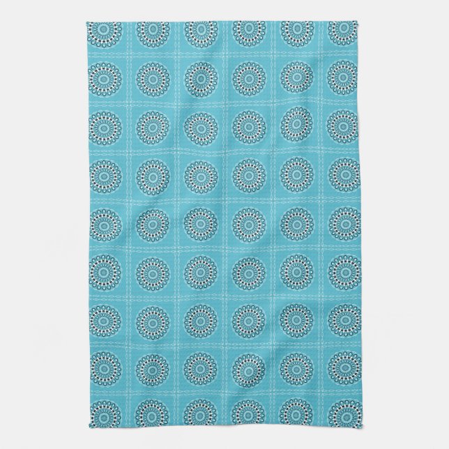 Turquoise Mandala Kaleidoscope Circles Tea Towel (Vertical)