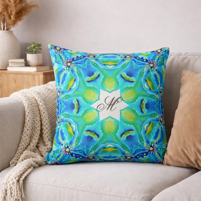 Turquoise Mandala Monogram Pattern Blue Green Art Cushion (Creator Uploaded)
