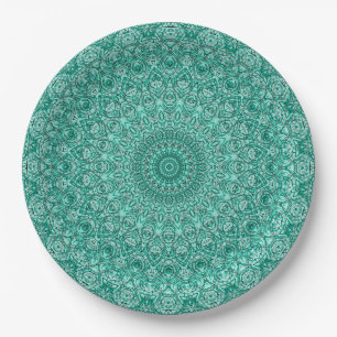 Turquoise Mandala with Intricate Symmetry Paper Plate