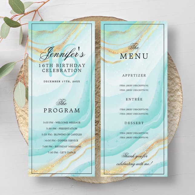 Turquoise Marble 16th Birthday Program Menu  Invitation (Turquoise Marble 16th Birthday Program Menu )