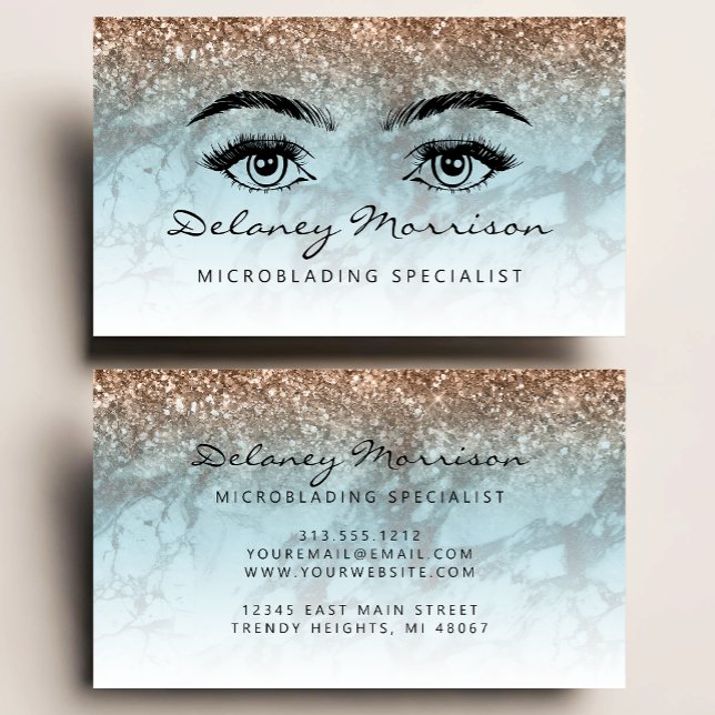 Turquoise Marble Bronze Glitter Eyes Microblading Business Card (Creator Uploaded)