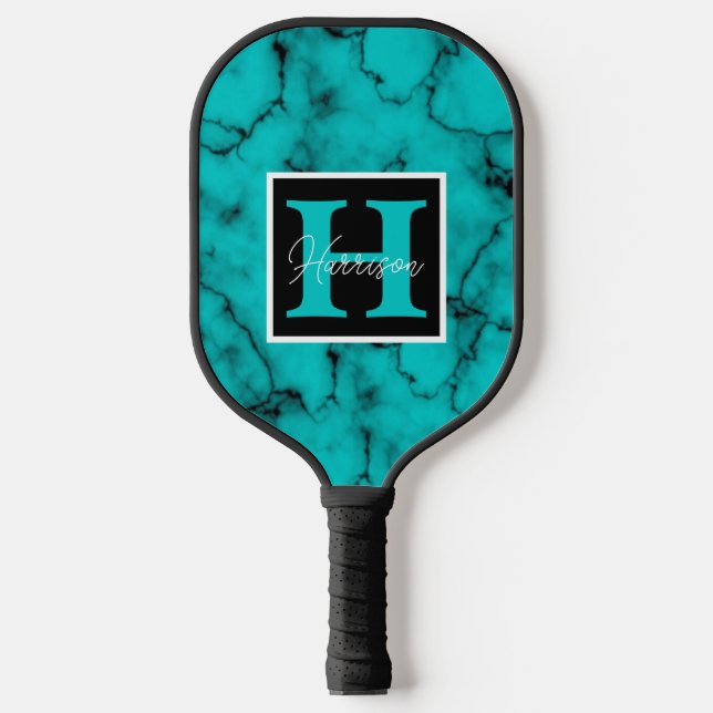 Turquoise Marble Name and Monogram Personalised  Pickleball Paddle (Front)