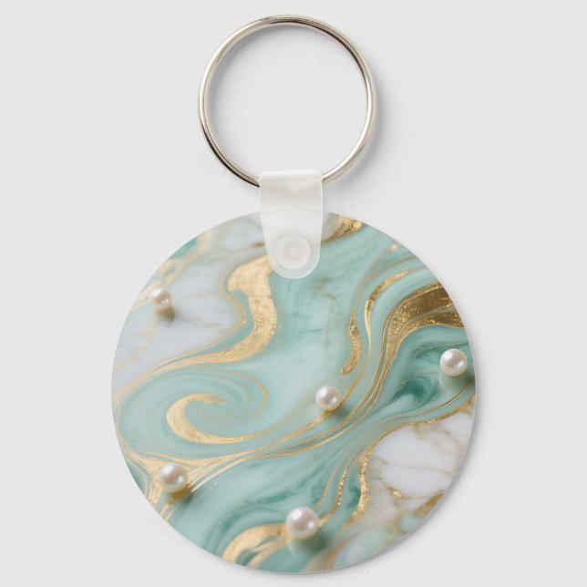 Turquoise Marble Pearl Gold Swirl Key Ring (Front)