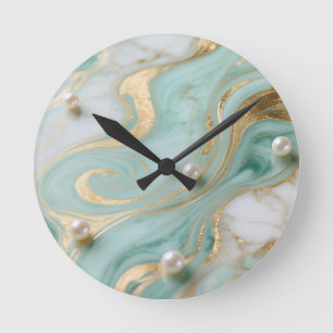 Turquoise Marble Pearl Gold Swirl Round Clock
