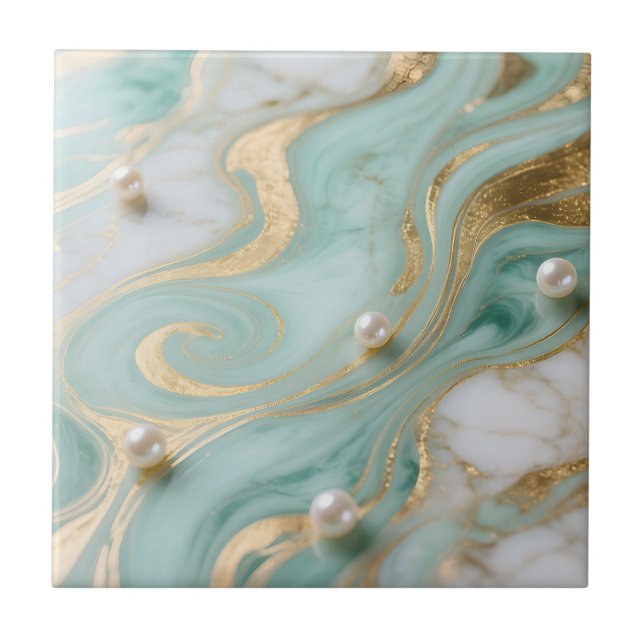 Turquoise Marble Pearl Gold Swirl Tile (Front)