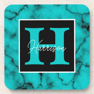 Turquoise Marble Sophisticated  monogram name   Coaster