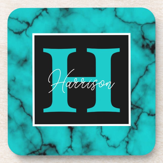 Turquoise Marble Sophisticated  monogram name   Coaster (Front)