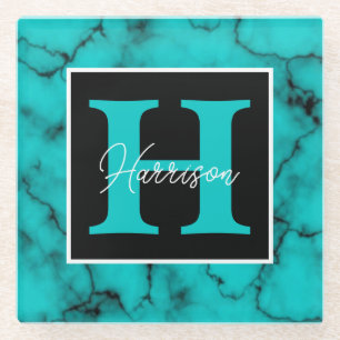 Turquoise Marble Sophisticated  monogram name  Glass Coaster