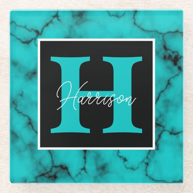 Turquoise Marble Sophisticated  monogram name  Glass Coaster (Front)