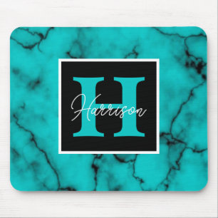 Turquoise Marble Sophisticated monogram name Mouse Pad