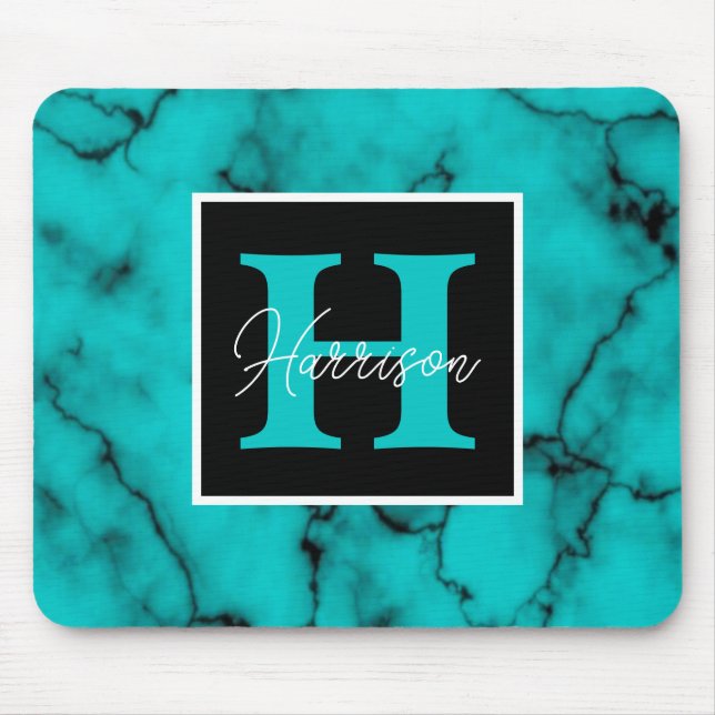 Turquoise Marble Sophisticated  monogram name  Mouse Pad (Front)