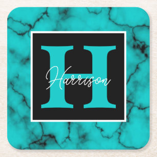 Turquoise Marble Sophisticated  monogram name Square Paper Coaster