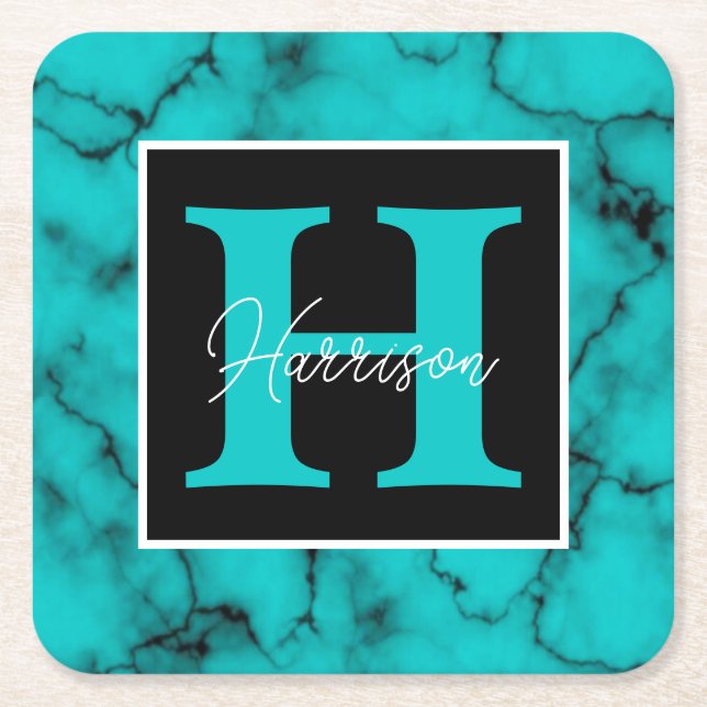 Turquoise Marble Sophisticated  monogram name Square Paper Coaster (Front)
