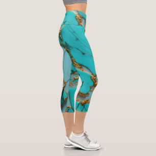 Turquoise Marble with Golden Veins Capri Leggings