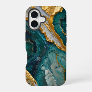Turquoise marbling with gold iPhone 16 case