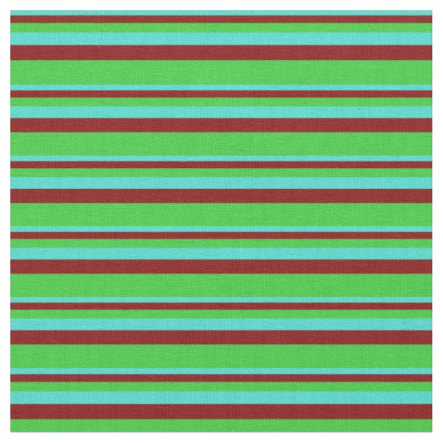 Turquoise, Maroon & Lime Green Coloured Stripes Fabric (Close Up)