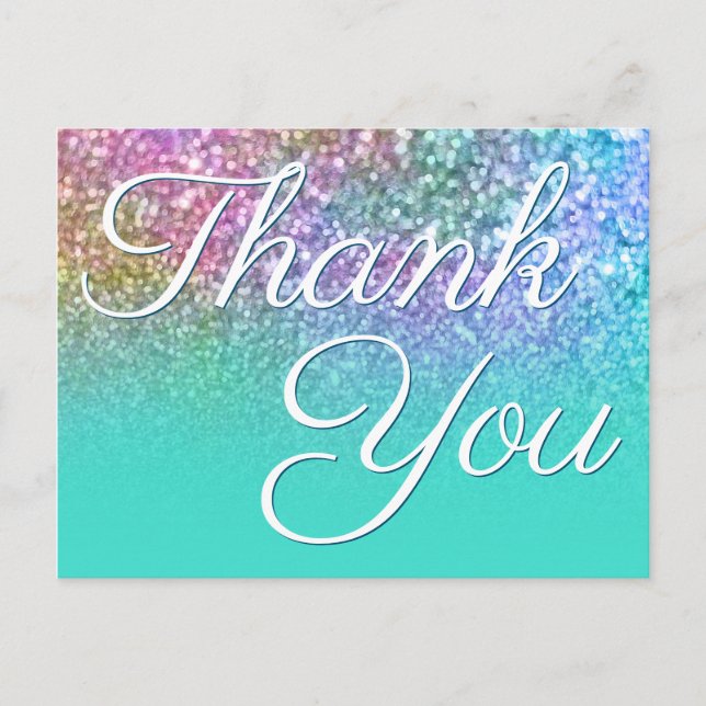 Turquoise Mermaid Ombre Bokeh Glitter Thank You Postcard (Front)