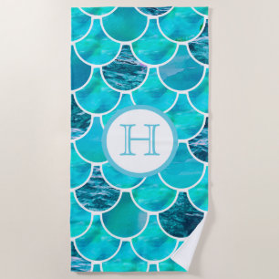 Turquoise mermaid scales monogram name beach towel