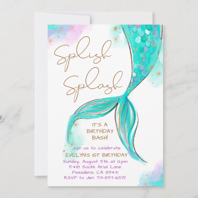 Turquoise Mermaid Splish Splash Girl Birthday Invitation (Front)