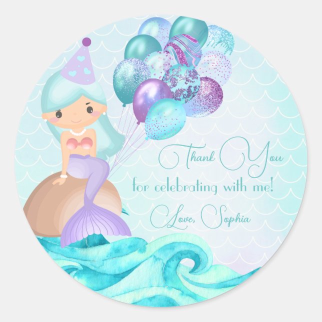Turquoise Mermaid's Birthday Party Thank You  Classic Round Sticker (Front)