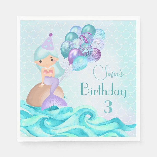 Turquoise Mermaid's Birthday Party Thank You  Napkin (Front)